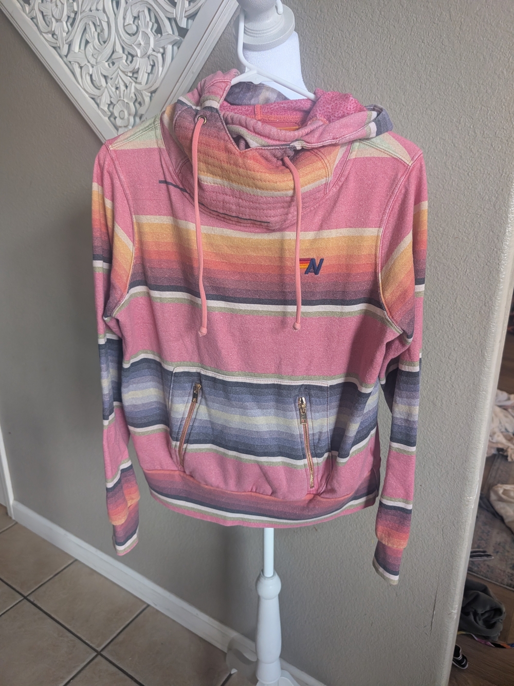 Aviator Nation Pink Multi-Stripe Funnel Neck Hoodie